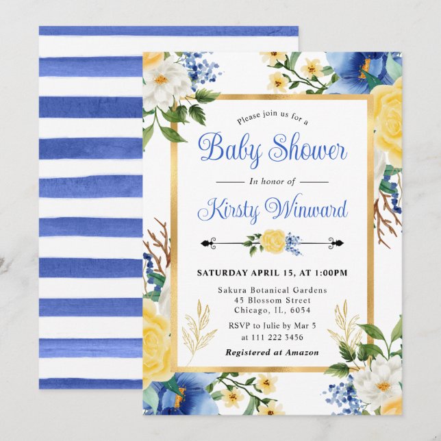 Invitación Ducha de bebé de flores azules y amarillas acuarel (Anverso / Reverso)