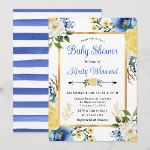 Invitación Ducha de bebé de flores azules y amarillas acuarel