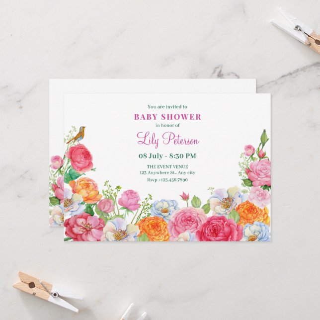 Invitación Ducha de bebé de flores de arte rosas (Anverso/Reverso In Situ)