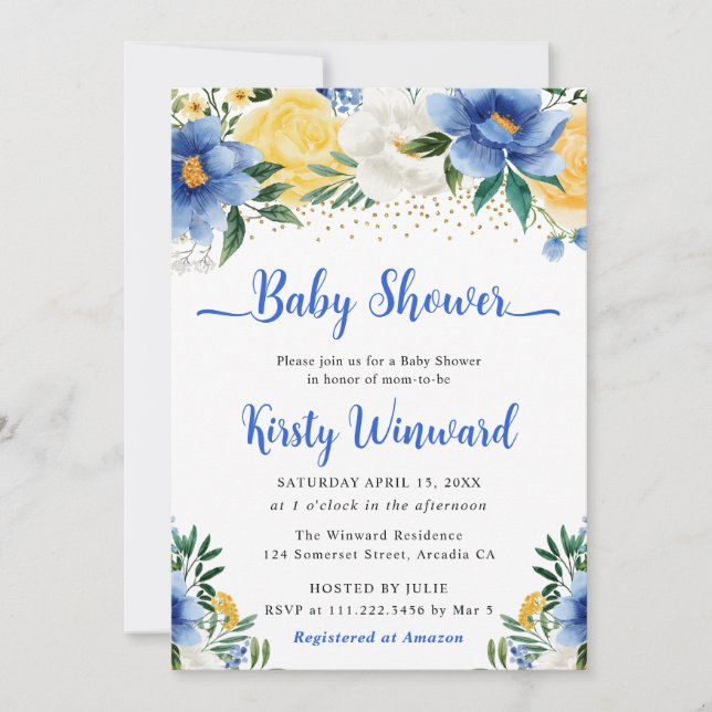 Invitación Ducha de Bebé de Flores de Verano Azules y Amarill (Anverso)