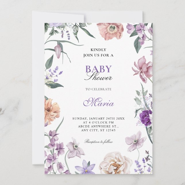 Invitación Ducha de bebé de flores moradas (Anverso)