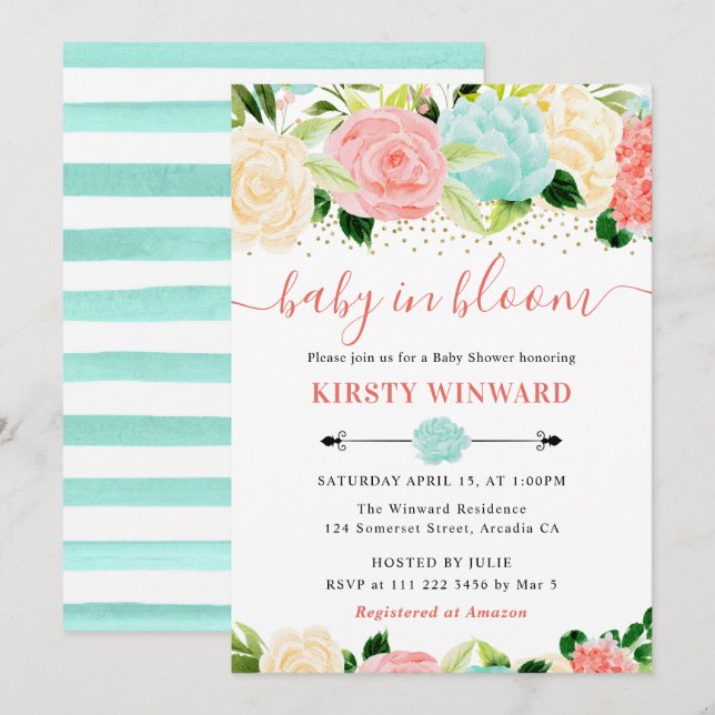 Invitación Ducha de bebé de flores rosadas y menta en acuarel (Anverso / Reverso)