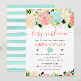 Invitación Ducha de bebé de flores rosadas y menta en acuarel