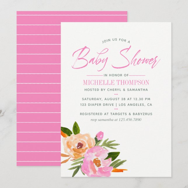 Invitación Ducha de bebé de flores silvestres de acuarela ros (Anverso / Reverso)