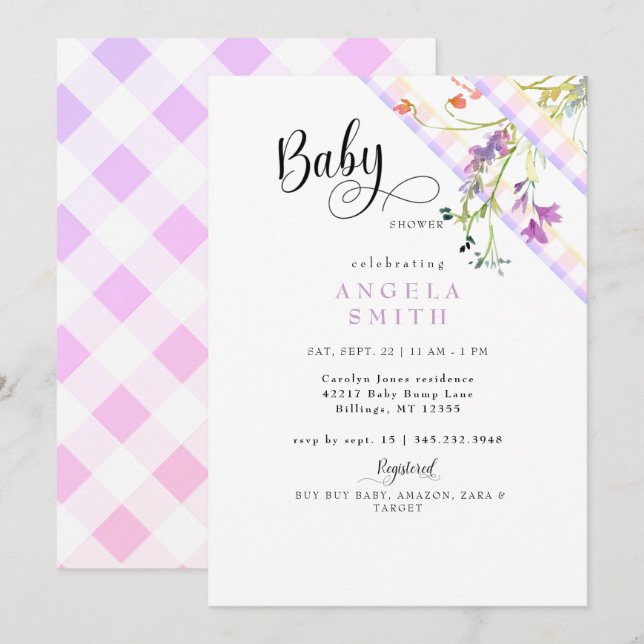 Invitación Ducha de bebé de flores silvestres de gingham de l (Anverso / Reverso)