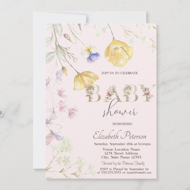 Invitación Ducha de bebé de flores silvestres en acuarela (Anverso)