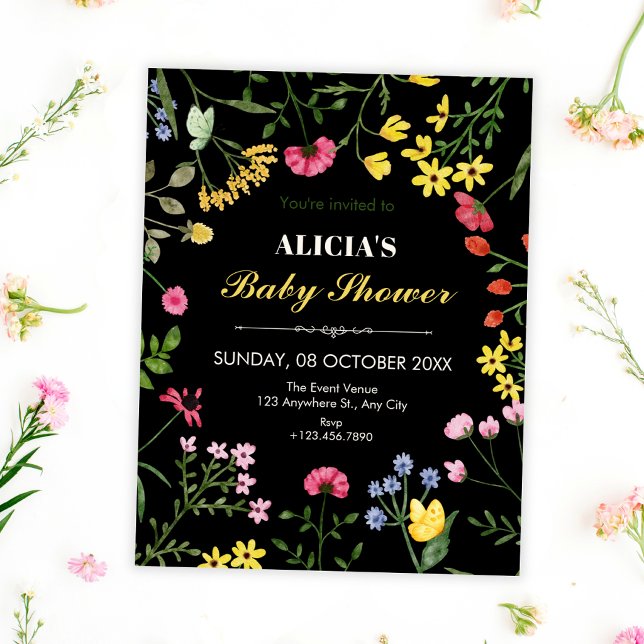 Invitación Ducha de bebé de flores silvestres negras (Subido por el creador)