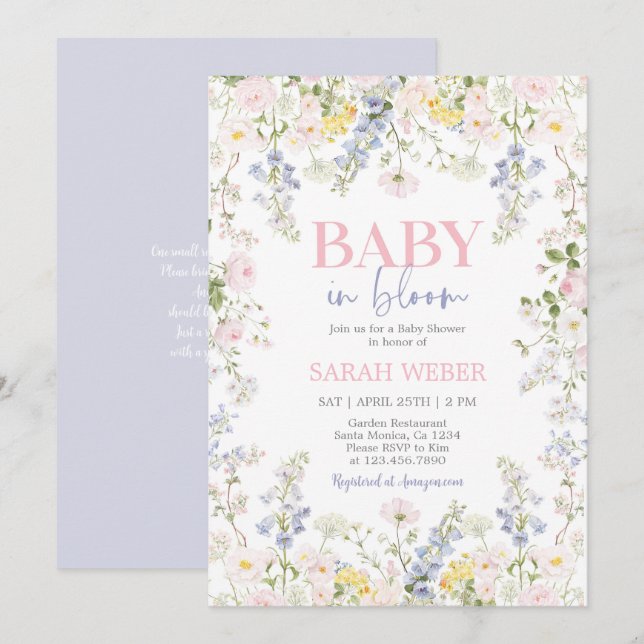 Invitación Ducha de bebé de flores silvestres pastel 'Bebé en (Anverso / Reverso)