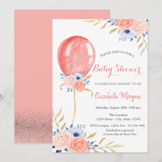 Invitación Ducha de bebé de flores y globos (Anverso / Reverso)