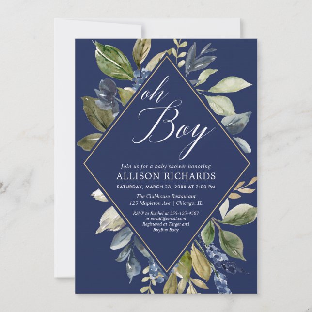 Invitación Ducha de bebé de follaje azul marino y verde (Anverso)