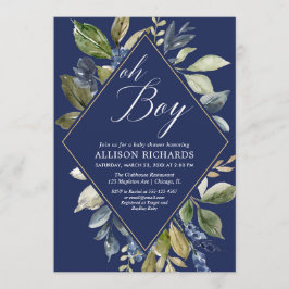 Invitación Ducha de bebé de follaje azul marino y verde