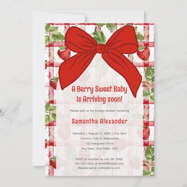Invitación Ducha de bebé de fresa (Anverso)