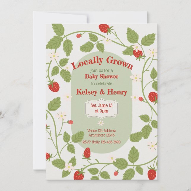 Invitación Ducha de Bebé de Fresa Cultivada Localmente (Anverso)
