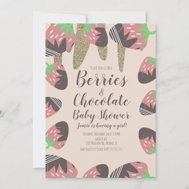 Invitación Ducha de Bebé de Fresa de Chocolate con Brillo Fal (Anverso)