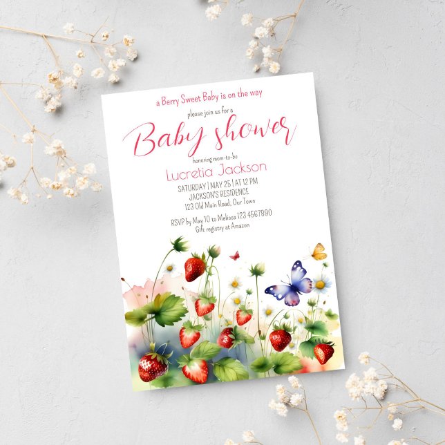 Invitación Ducha de bebé de fresa dulce Berry (Berry sweet strawberry baby shower template invitation instant digital download strawberry meadow)