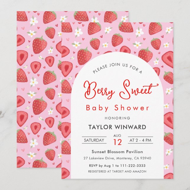 Invitación Ducha de Bebe de Fresa Dulce Rosa Flora Floral (Anverso / Reverso)