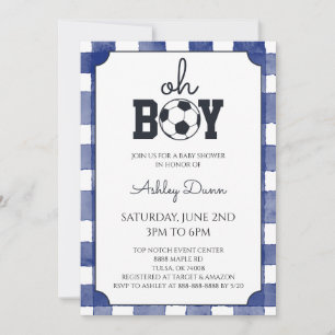Invitación Ducha de bebé de fútbol con gingham azul