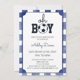 Invitación Ducha de bebé de fútbol con gingham azul