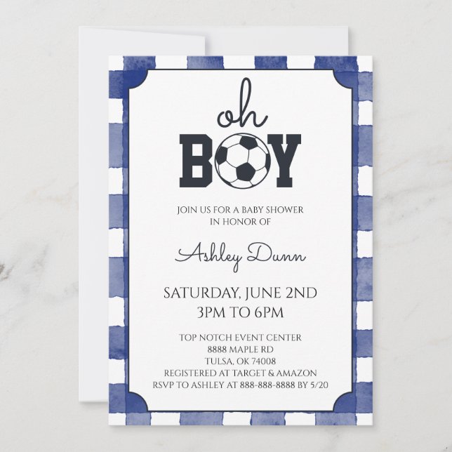 Invitación Ducha de bebé de fútbol con gingham azul (Anverso)