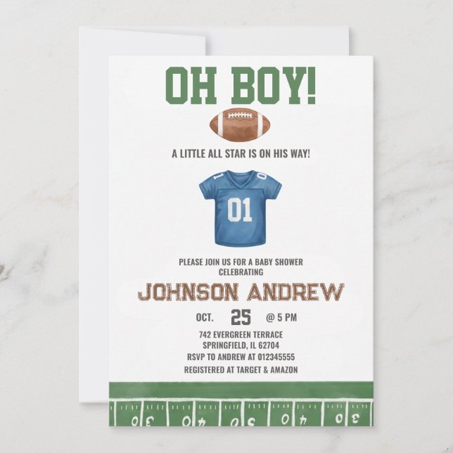 Invitación Ducha de bebé de fútbol para niño (Anverso)