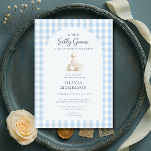 Invitación Ducha de bebé de Ganso Tonto en cuadros azules