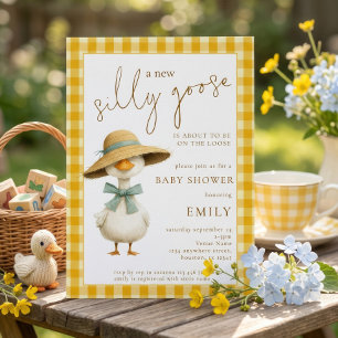 Invitación Ducha de bebé de gingham amarillo de ganso tonto l