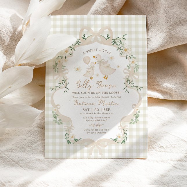 Invitación Ducha de bebé de gingham beige de ganso tonto neut (Subido por el creador)