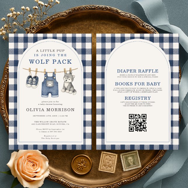 Invitación Ducha de bebé de gingham de lobo pequeño todo en u (Subido por el creador)