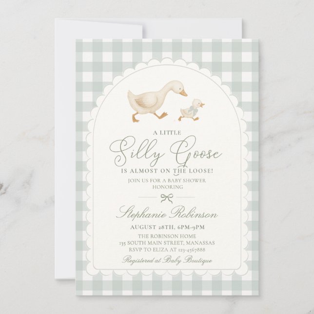 Invitación Ducha de bebé de gingham verde neutro Silly Goose (Anverso)