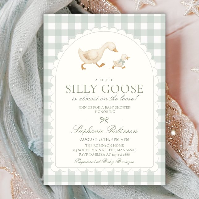 Invitación Ducha de bebé de gingham verde neutro Silly Goose (Subido por el creador)