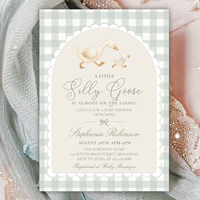 Invitación Ducha de bebé de gingham verde sage Silly Goose Ar (Subido por el creador)