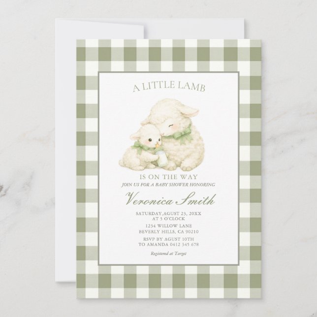 Invitación Ducha de bebé de Gingham Verde Salvia Corderito (Anverso)