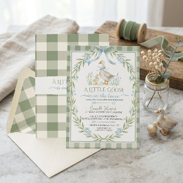 Invitación Ducha de Bebé de Gingham Verde Salvia y Gansito