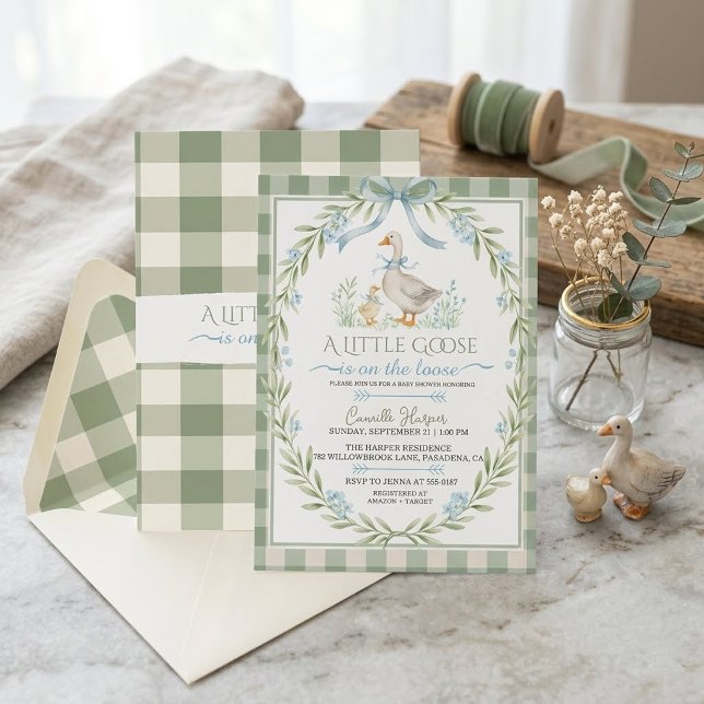 Invitación Ducha de Bebé de Gingham Verde Salvia y Gansito (Subido por el creador)