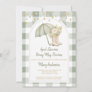 Invitación Ducha de bebé de Gingham Verde y Lluvias de Abril