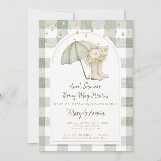 Invitación Ducha de bebé de Gingham Verde y Lluvias de Abril  (Anverso)