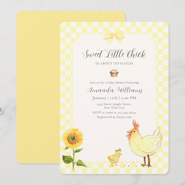 Invitación Ducha de bebé de girasol de gingham amarillo polli (Anverso / Reverso)