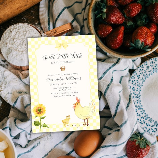 Invitación Ducha de bebé de girasol de gingham amarillo polli (Yellow Gingham Sunflower Little Chick Baby Shower Invitation)