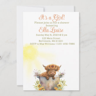 Invitación Ducha de bebé de girasol de vaca Highland