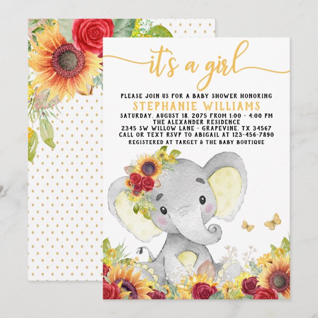 Invitación Ducha de bebé de girasol mariposa elefante (Anverso / Reverso)