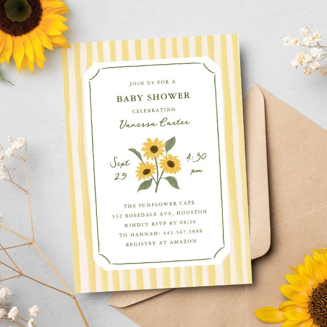 Invitación Ducha de Bebé de Girasol y Rayas Dibujadas a Mano (hand-drawn sunflower and yellow stripes baby shower invitation)