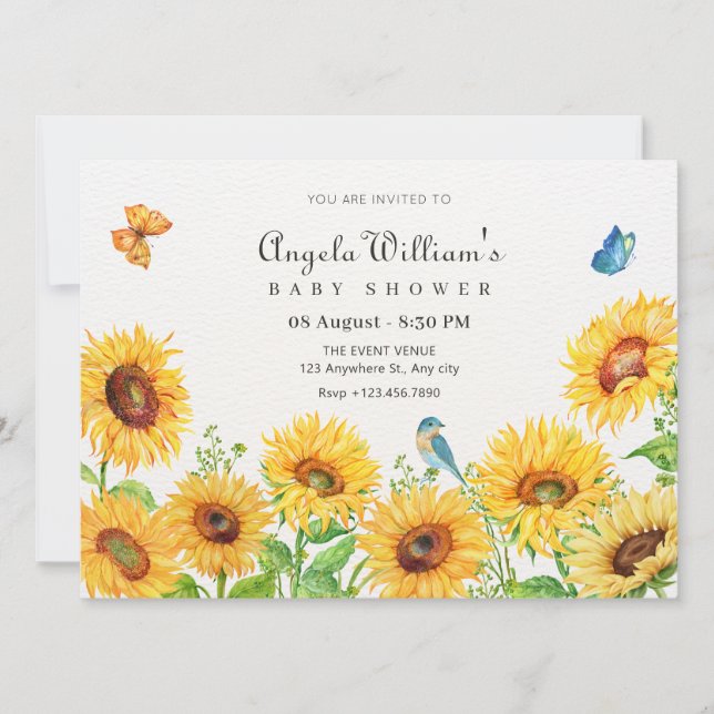 Invitación Ducha de bebé de girasoles (Anverso)