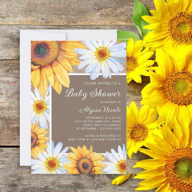 Invitación Ducha de bebé de girasoles margaritas blancas arpi (Sunflowers and daisies rustic baby shower invitation)