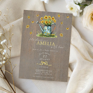 Invitación Ducha de bebé de girasoles regadera estilo granja