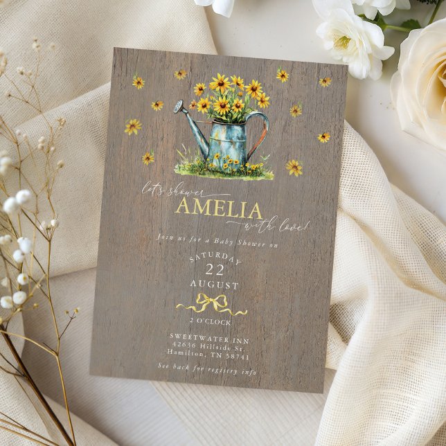 Invitación Ducha de bebé de girasoles regadera estilo granja (Farmhouse Sunflowers Watering Can Baby Shower Invitation)