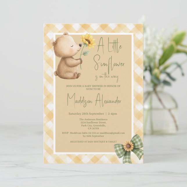 Invitación Ducha de Bebé de Girasoles y Oso Marrón Boho (Anverso de pie)