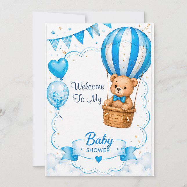 Invitación Ducha de bebé de globo aerostático azul 🎈 (Anverso)