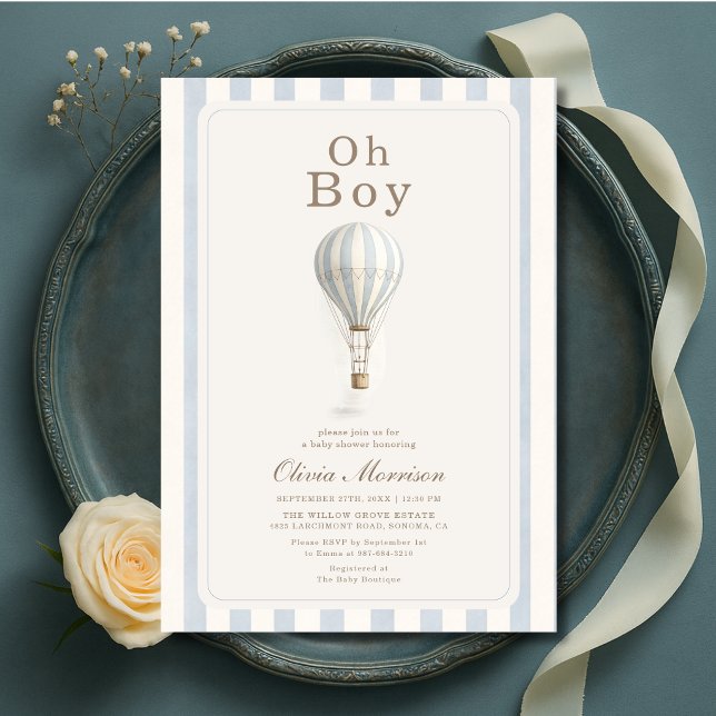 Invitación Ducha de bebé de globo aerostático con rayas azule (Subido por el creador)