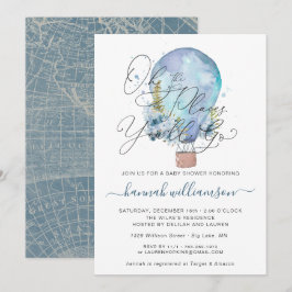 Invitación Ducha de bebé de globo aerostático floral azul