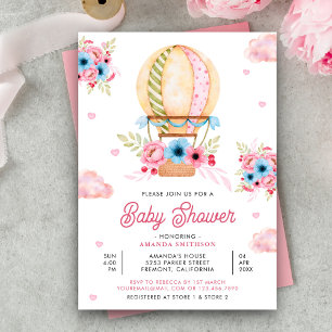 Invitación Ducha de bebé de globo aerostático floral rosa azu